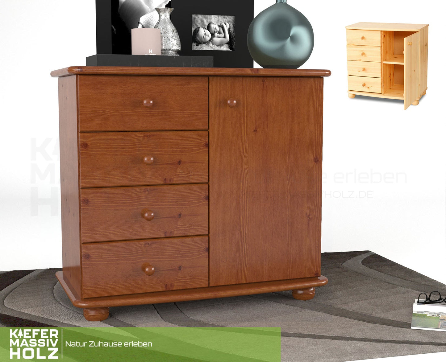 Claudia Kommode Sideboard | Anrichte | 4-Schubladen 1-Türig | 100% Bio Massivholz