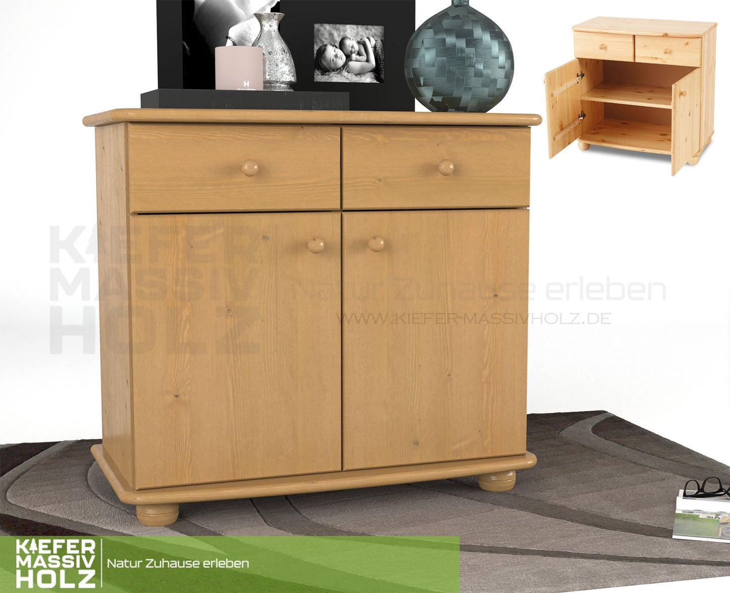 Claudia Kommode Sideboard | Anrichte | 2-Türig | 2-Schubladen | 100% Bio Kiefer Massivholz