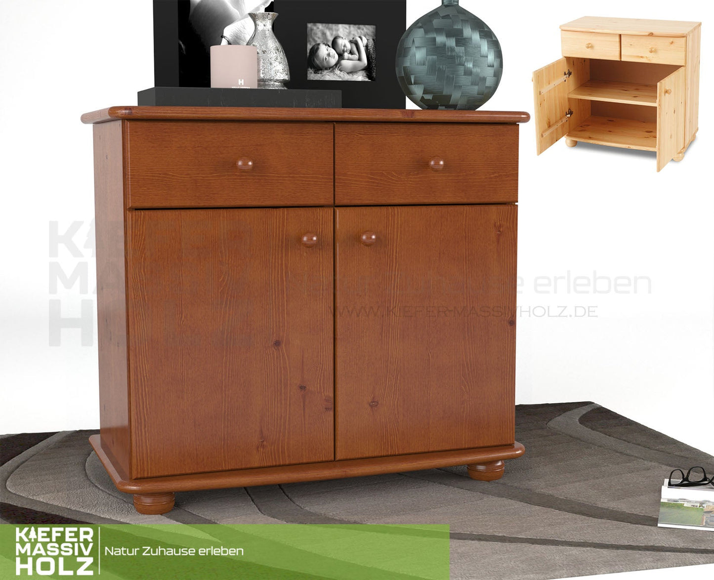 Claudia Kommode Sideboard | Anrichte | 2-Türig | 2-Schubladen | 100% Bio Kiefer Massivholz