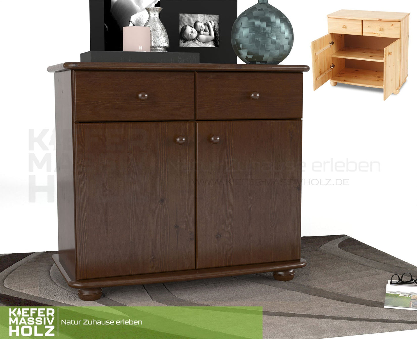 Claudia Kommode Sideboard | Anrichte | 2-Türig | 2-Schubladen | 100% Bio Kiefer Massivholz