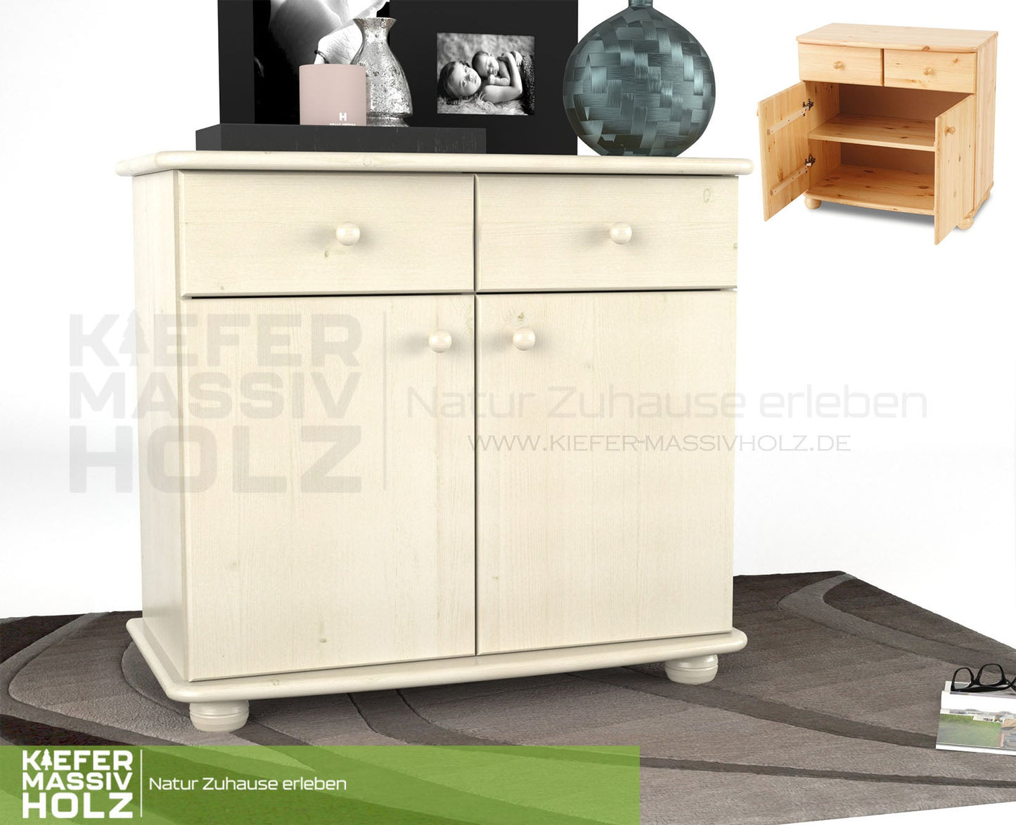 Claudia Kommode Sideboard | Anrichte | 2-Türig | 2-Schubladen | 100% Bio Kiefer Massivholz
