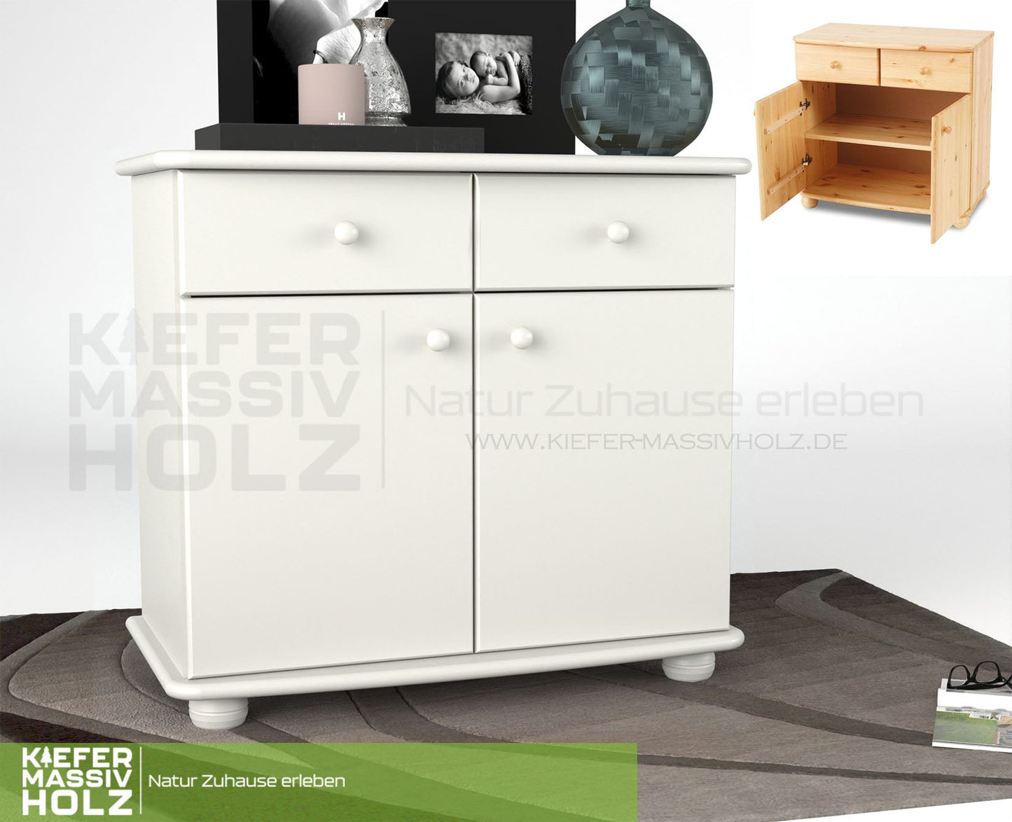 Claudia Kommode Sideboard | Anrichte | 2-Türig | 2-Schubladen | 100% Bio Kiefer Massivholz