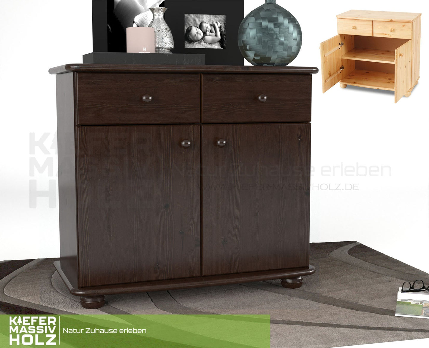 Claudia Kommode Sideboard | Anrichte | 2-Türig | 2-Schubladen | 100% Bio Kiefer Massivholz
