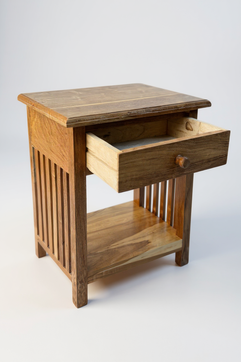 Holz Nachtkommode – Beistelltisch Nachttisch Nachtschrank – Vintage-Look aus massiven Teakholz - 50x40x30 cm