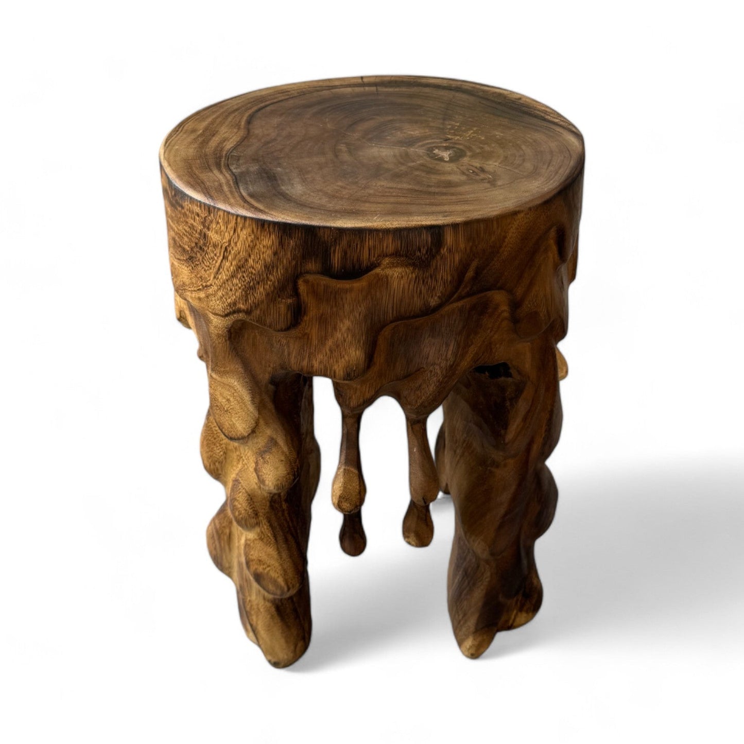 Flambierter Holzhocker - Beistelltisch Blumenhocker Ablagetisch - Unikat Handgefertigt  - Rund Tropfend aus massivem Suarholz- 45x35x35 cm