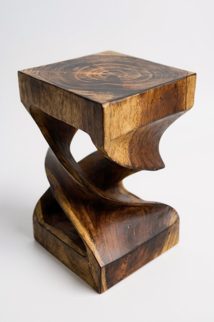 Holz Beistelltisch - Holzhocker Couchtisch - Flambierter Handgefertigt - Gedreht aus massivem Suarholz - 50x28x28 cm