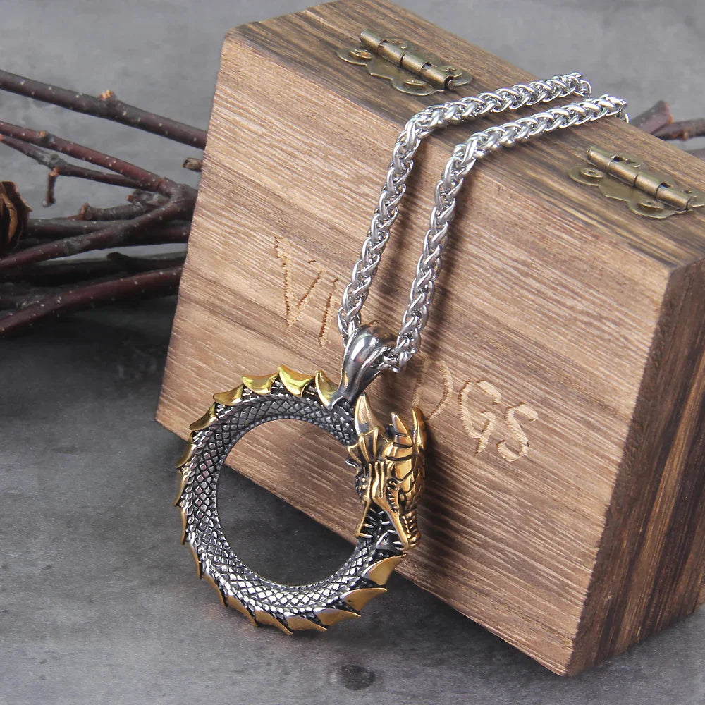 Viking dragon ouroboros necklace stainless steel valknut pendant