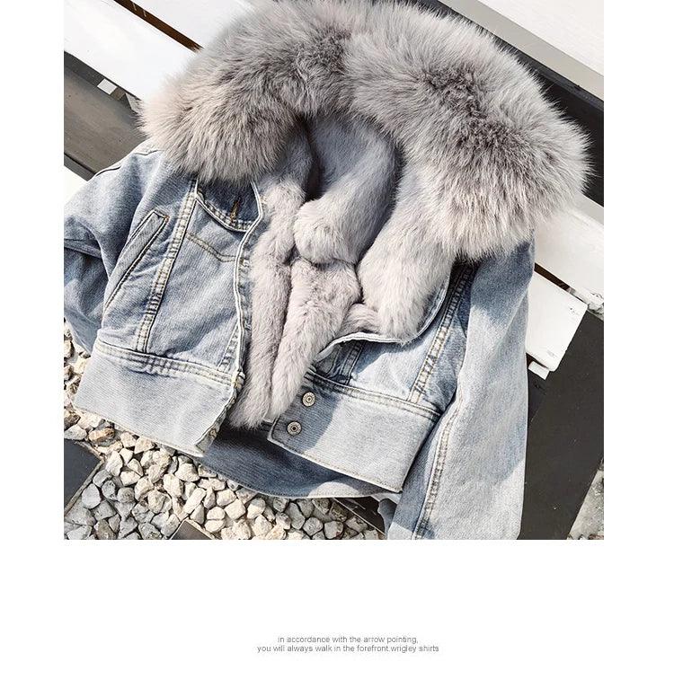 Real Fox fur thick warm denim parkas female winter coat
