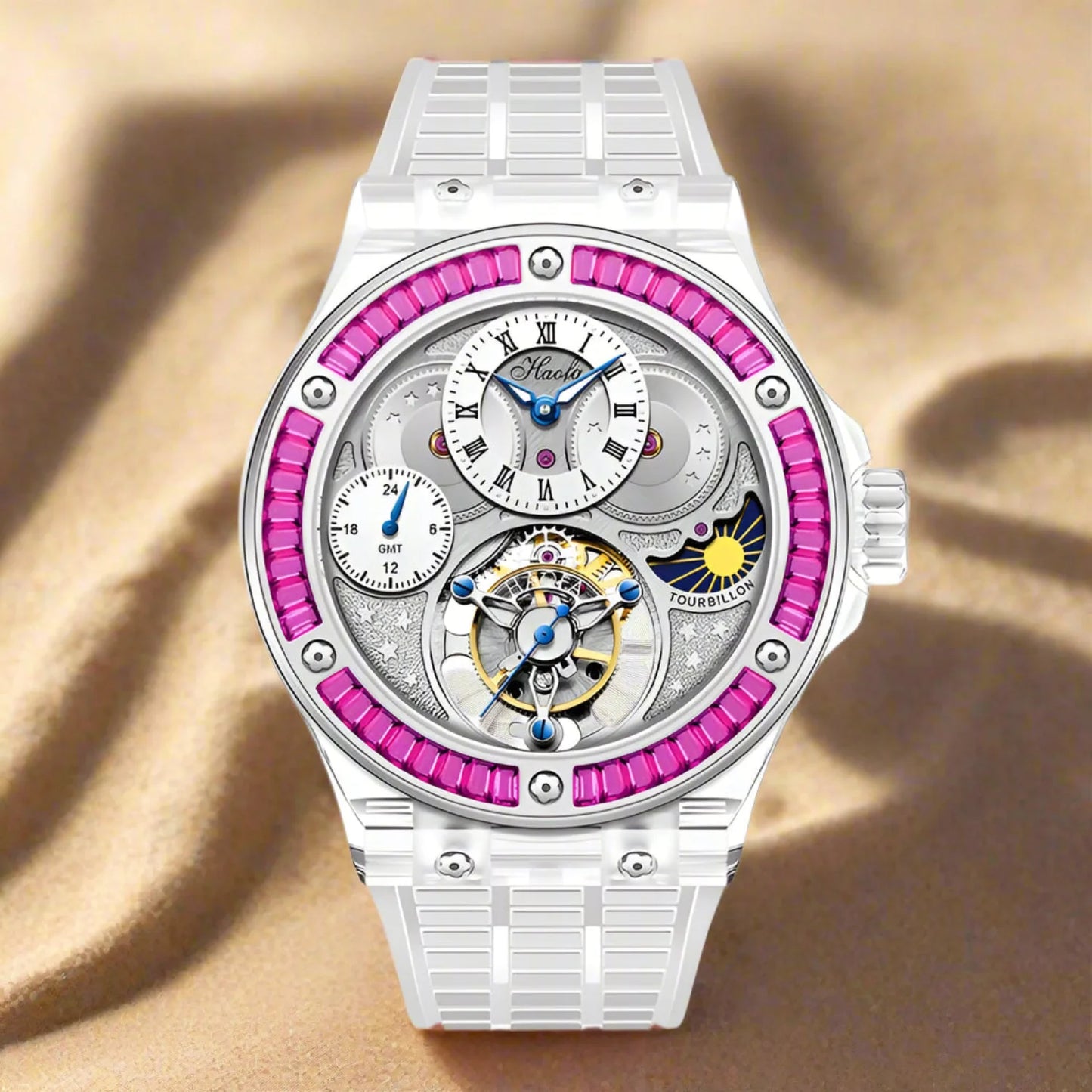 GMT Haofa tourbillon timepiece k9 crystal body sapphire lens day night feature watch