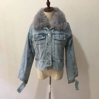 Real Fox fur thick warm denim parkas female winter coat