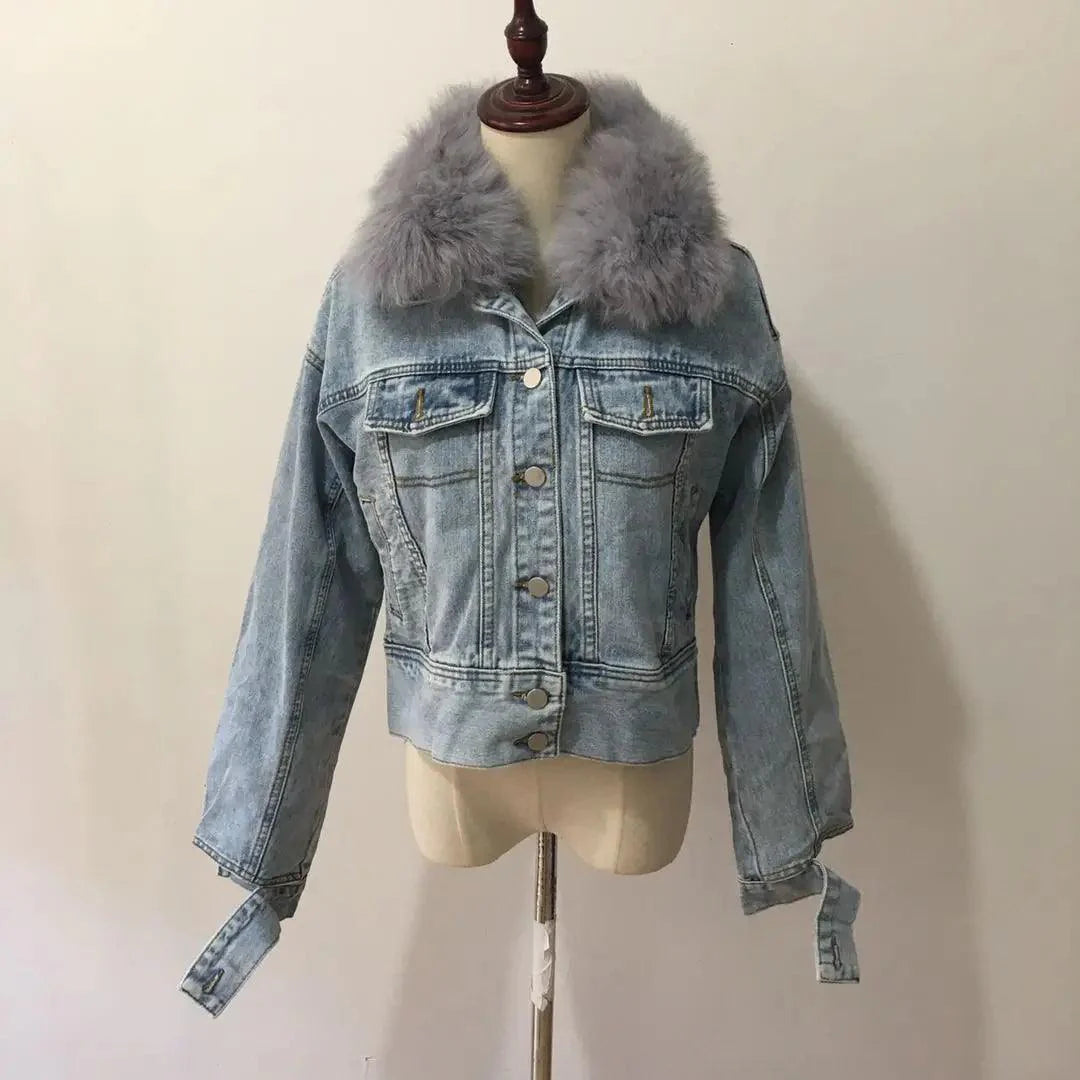 Real Fox fur thick warm denim parkas female winter coat