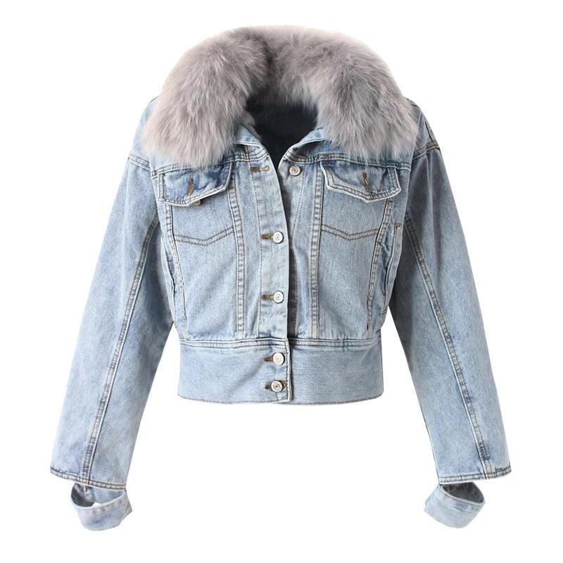 Real Fox fur thick warm denim parkas female winter coat