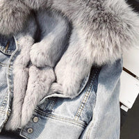 Real Fox fur thick warm denim parkas female winter coat