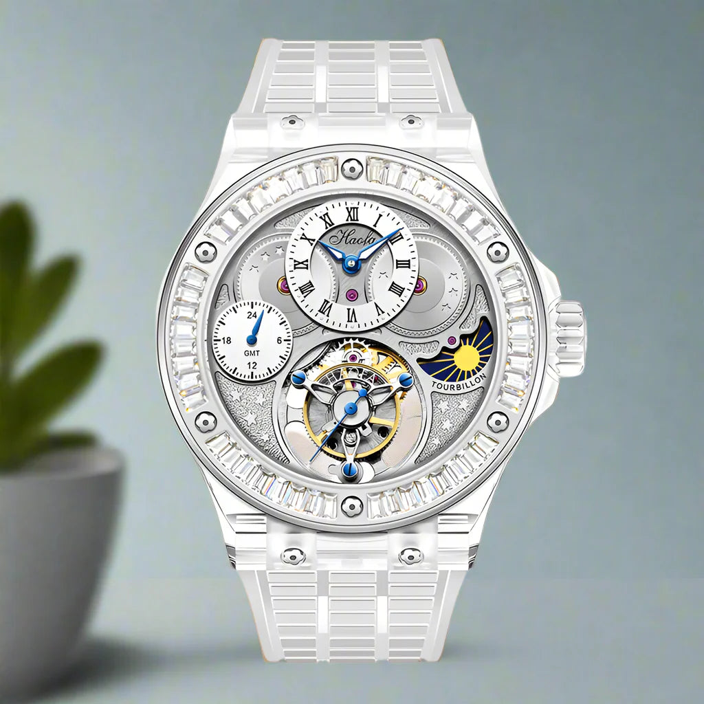GMT Haofa tourbillon timepiece k9 crystal body sapphire lens day night feature watch