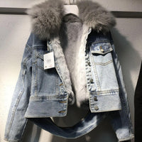 Real Fox fur thick warm denim parkas female winter coat