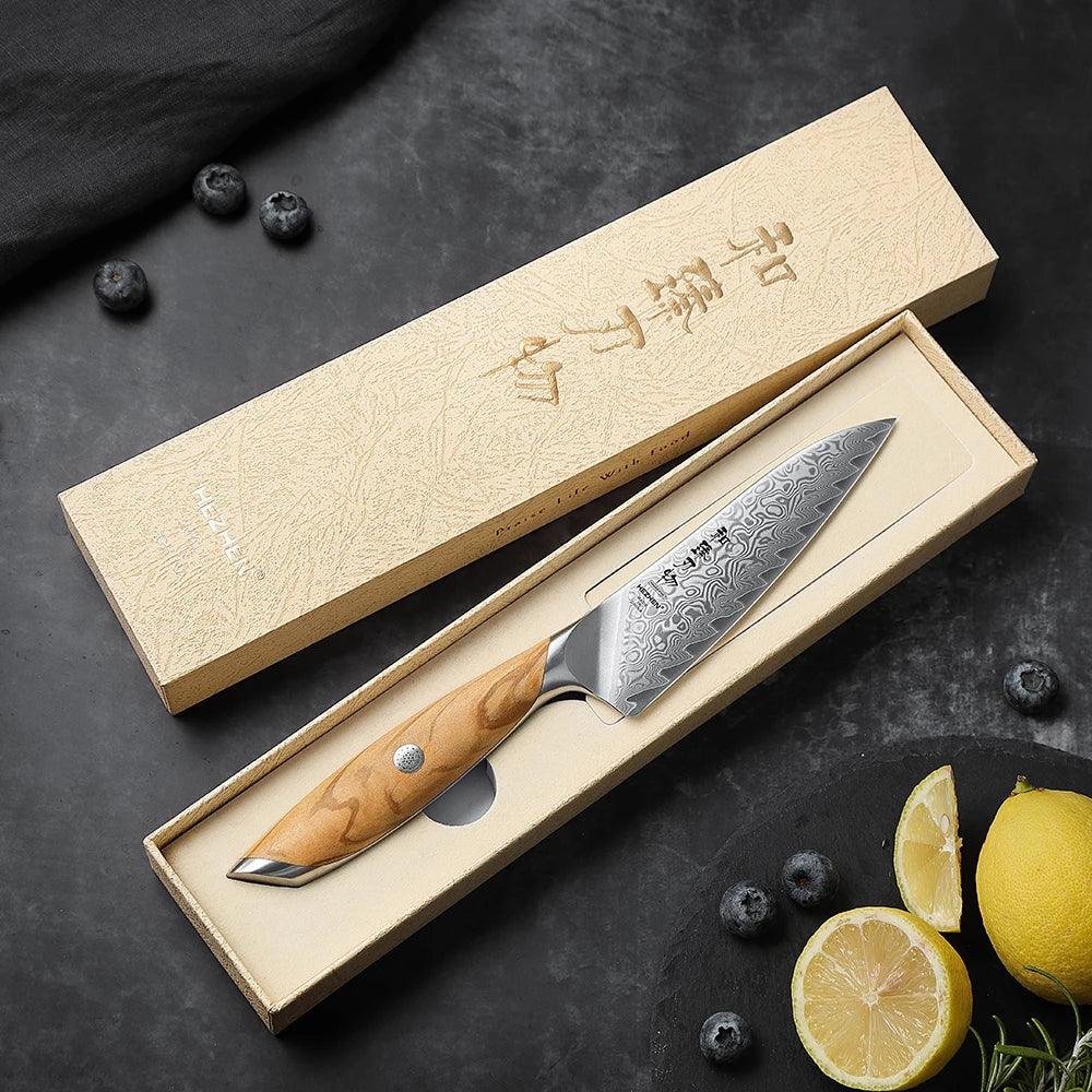 HEZHEN™ Japanisches 5” Damastmesser – 73 Lagen, Olivenholzgriff, Premium Utility Knife