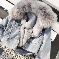 Real Fox fur thick warm denim parkas female winter coat