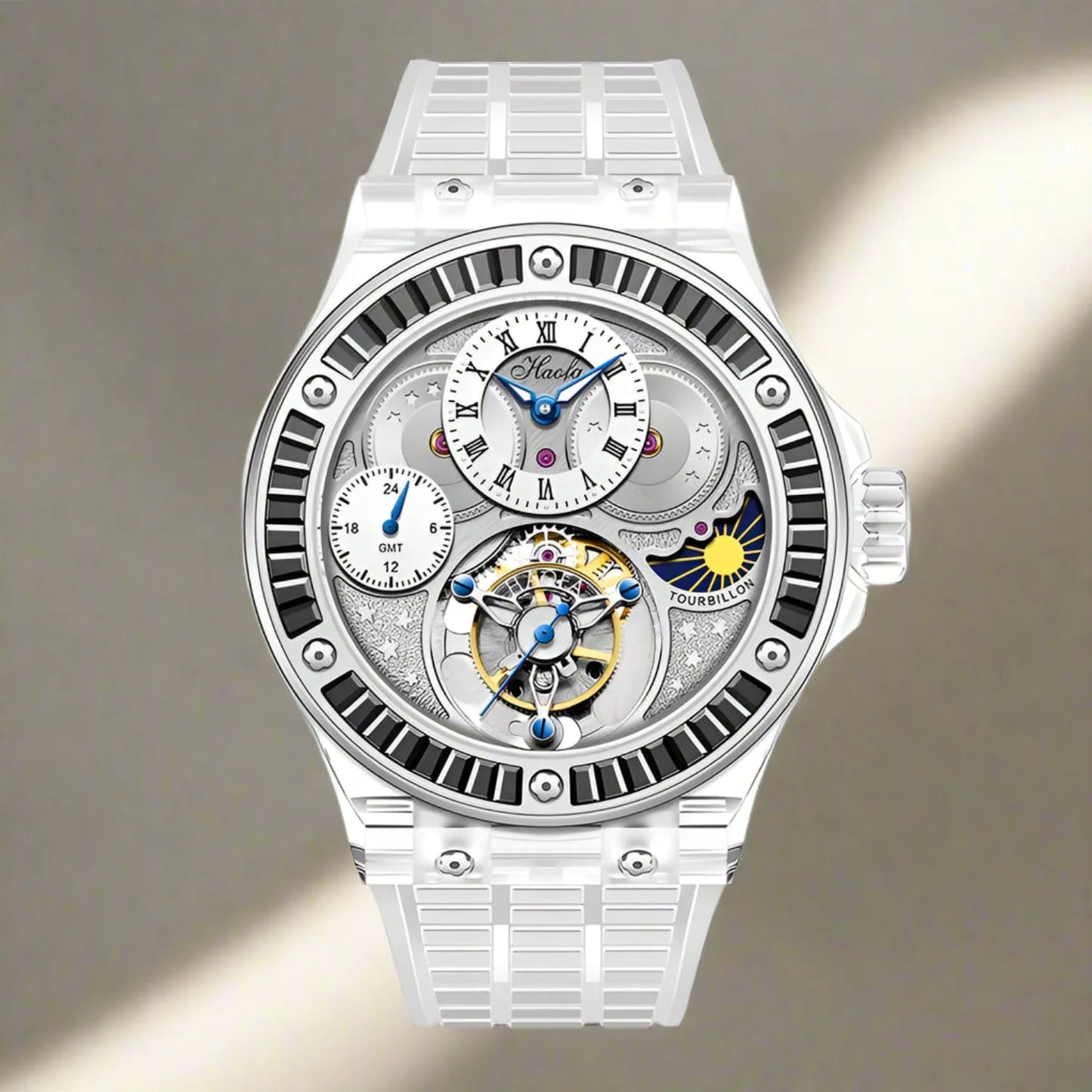 GMT Haofa tourbillon timepiece k9 crystal body sapphire lens day night feature watch