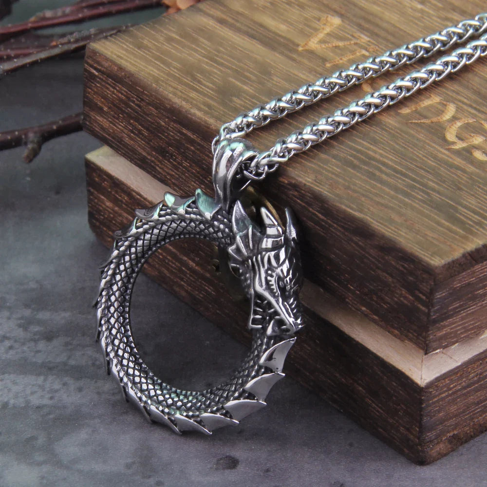 Viking dragon ouroboros necklace stainless steel valknut pendant