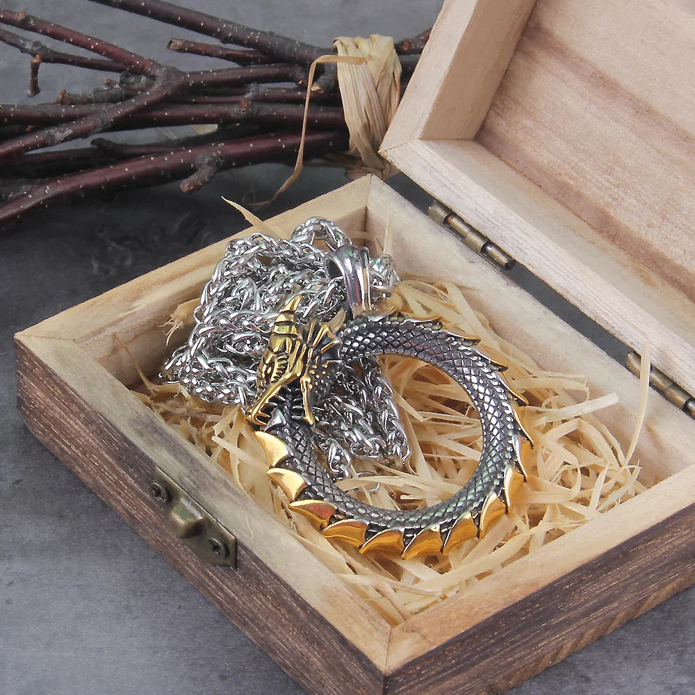 Viking dragon ouroboros necklace stainless steel valknut pendant