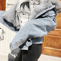 Real Fox fur thick warm denim parkas female winter coat