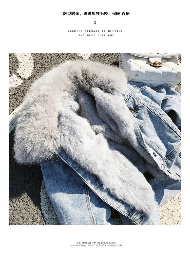 Real Fox fur thick warm denim parkas female winter coat