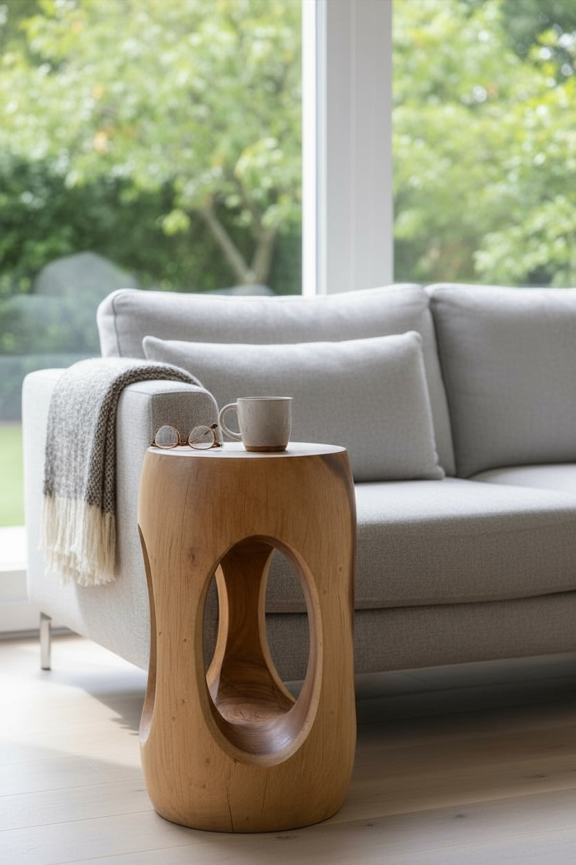 Holz Beistelltisch – Couchtisch Blumenhocker Hocker - Handgefertigt – Abgerundet mit O-Ausschnitt Suar-Holz - 50x30x30 cm