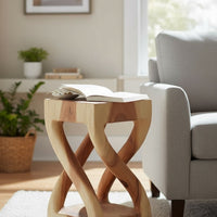 Holz Beistelltisch - Holzhocker Couchtisch - Handgefertigt - Gedreht aus hellen massivem Suarholz - 50x28x28 cm