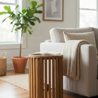 Teakholz-Beistelltisch - Holzhocker Couchtisch - Handgefertigt aus Massivholz – Holzleisten Rund - 50x30x30 cm