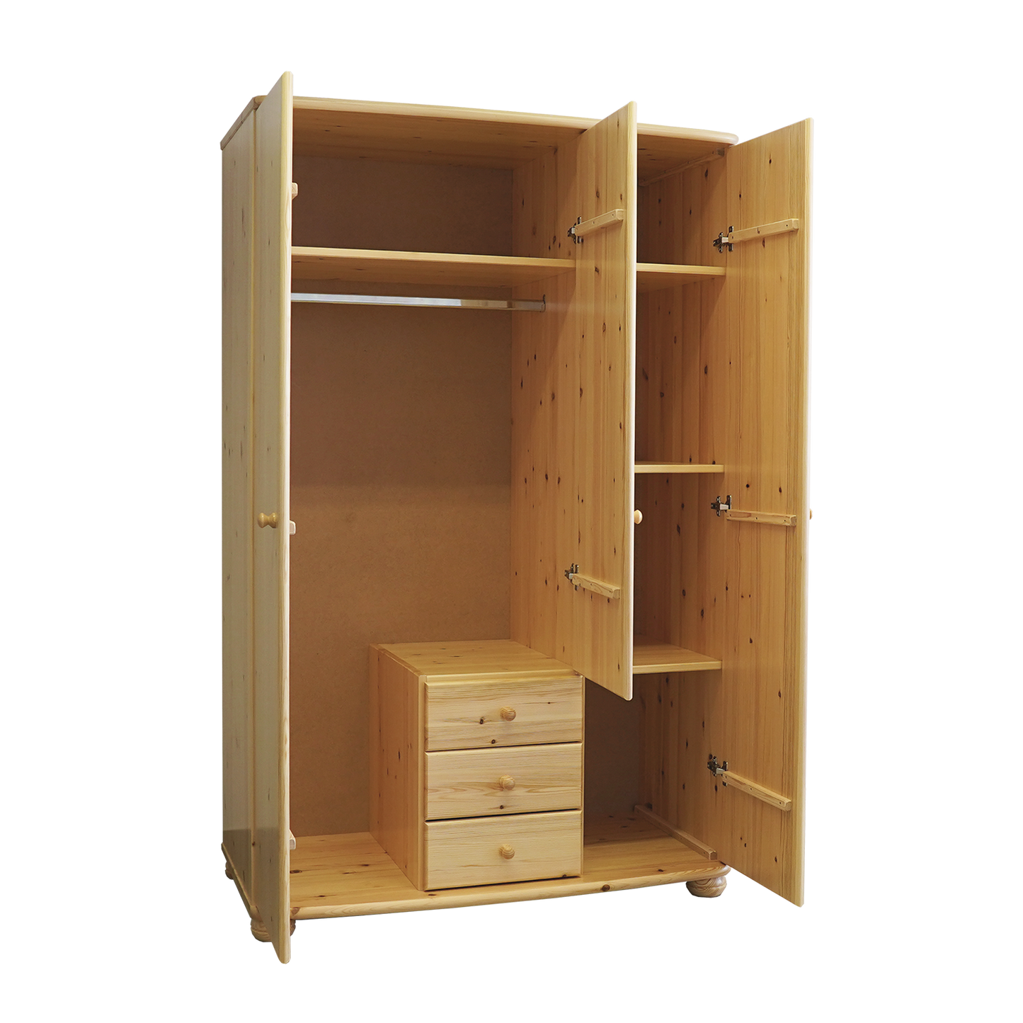 Claudia Hotel Kleiderschrank | 3-Türig | Regalböden | 3-Schubladen | 100% Bio Kiefer Massivholz