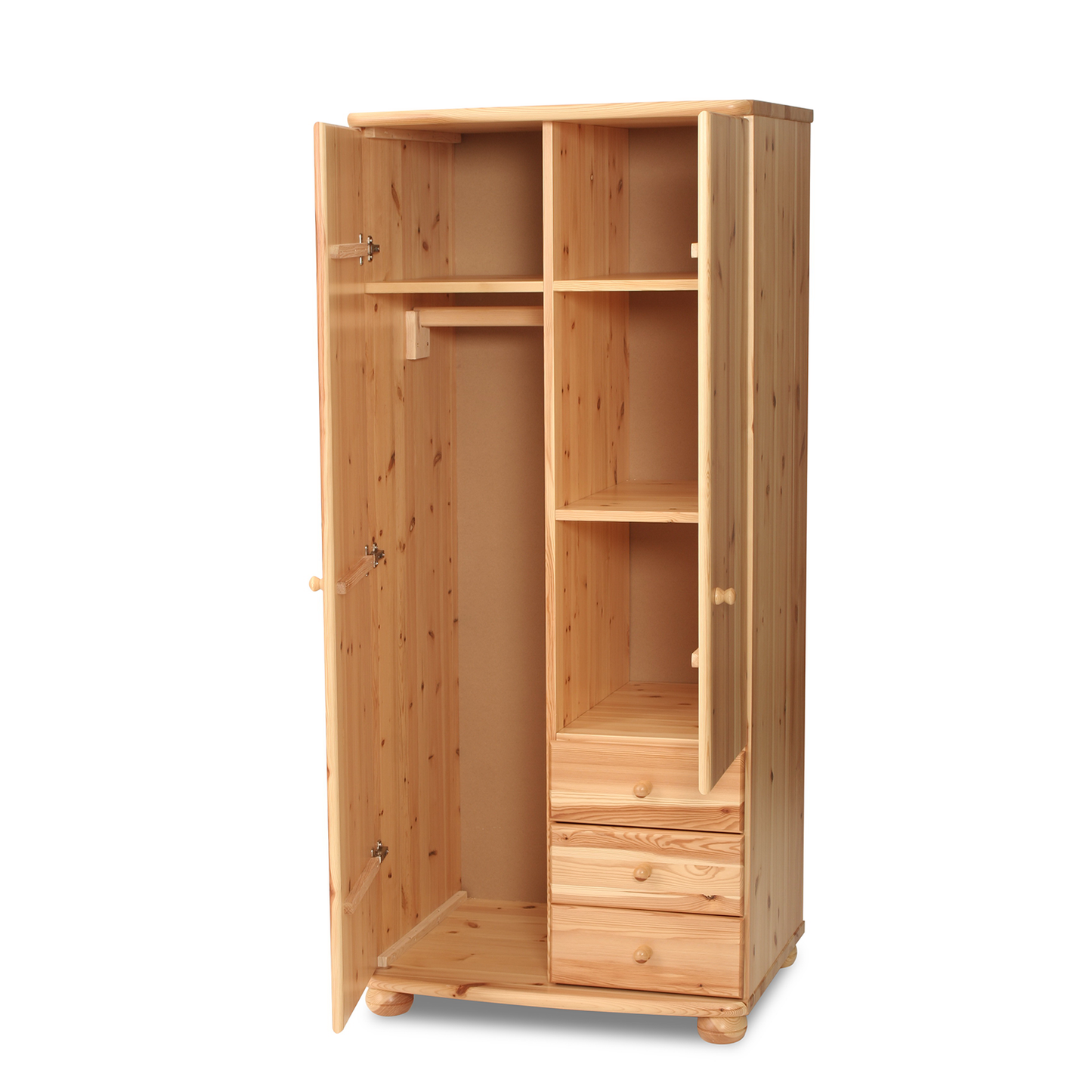 Claudia Kleiderschrank | 2-Türig mit Kleiderstange | 3-Schubladen | 100% Bio Kiefer Massivholz