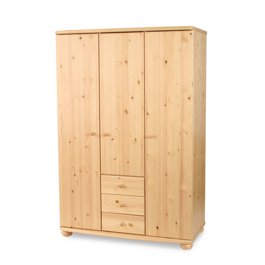 Claudia Hotel Kleiderschrank | 3-Türig | Regalböden | 3-Schubladen | 100% Bio Kiefer Massivholz