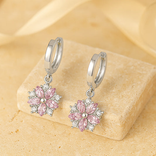 Ohrringe aus 925er Sterling-Silber, rosa Kristallblume