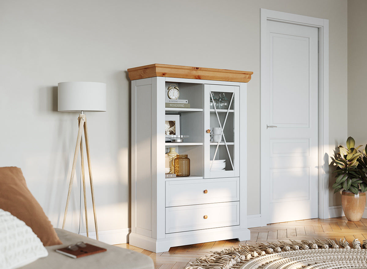 Milano Elite Massivholz Kiefer Vitrine 1.3 | Farbe Weiß/Kiefer