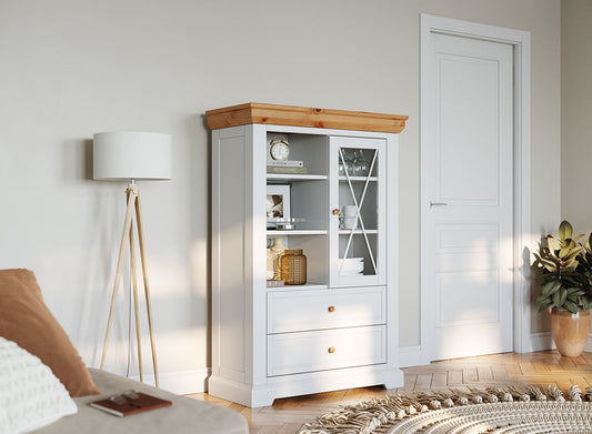 Milano Elite Massivholz Kiefer Vitrine 1.3 | Farbe Weiß/Kiefer