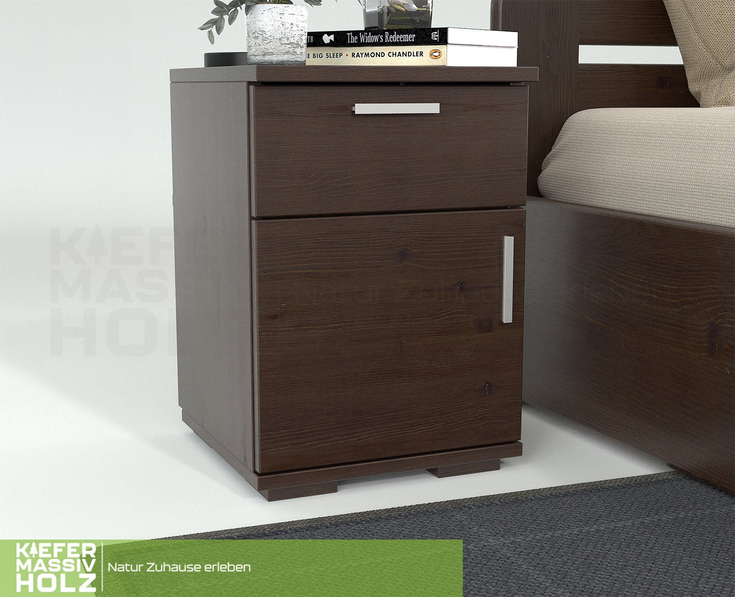 Nobis Kiefer Massivholz Nachttisch Nachtschrank | 1-Schublade 1-Türig | 100% Bio Kiefer