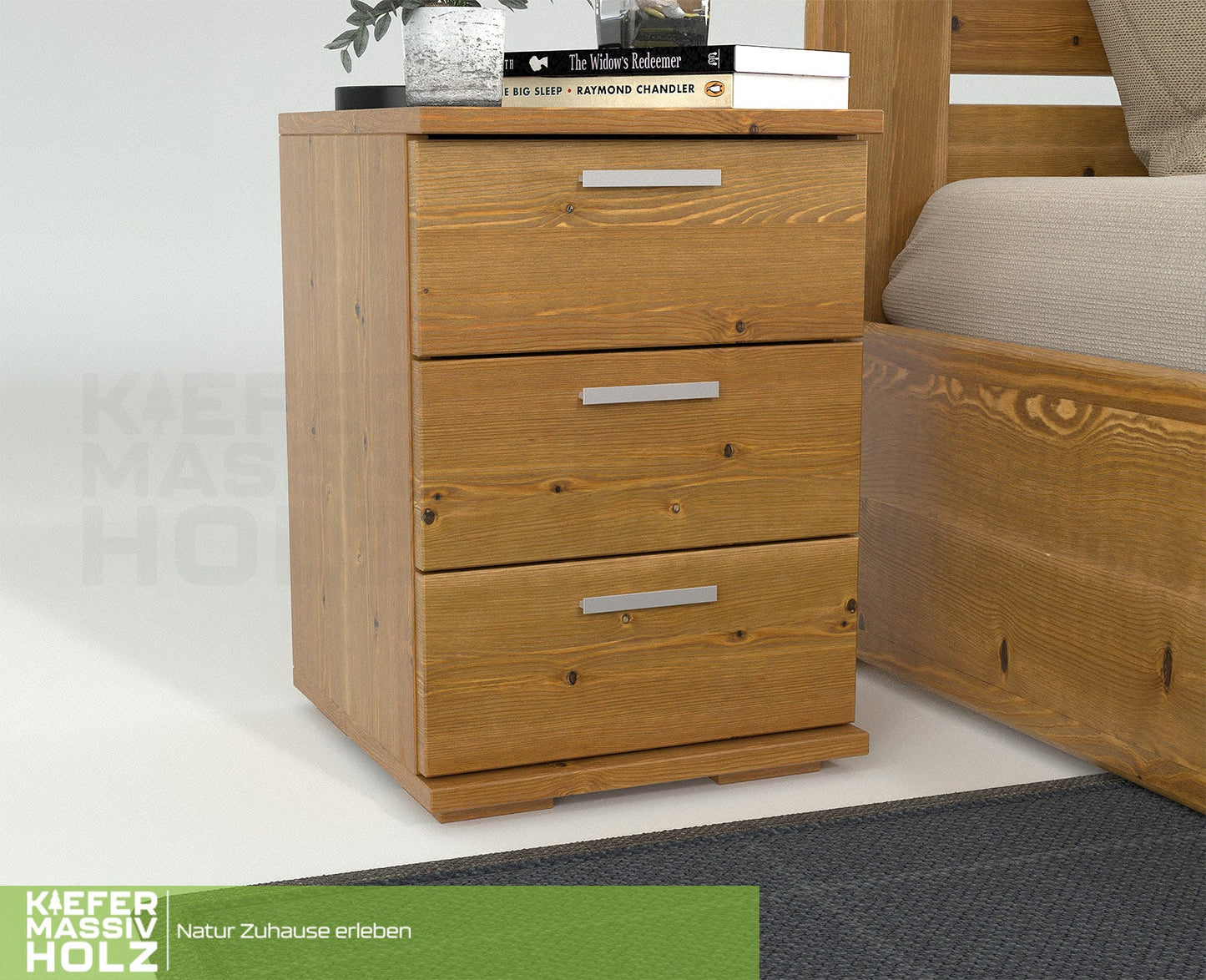Nobis Kiefer Massivholz Nachttisch Nachtschrank | 3-Schubladen | 100% Bio Kiefer