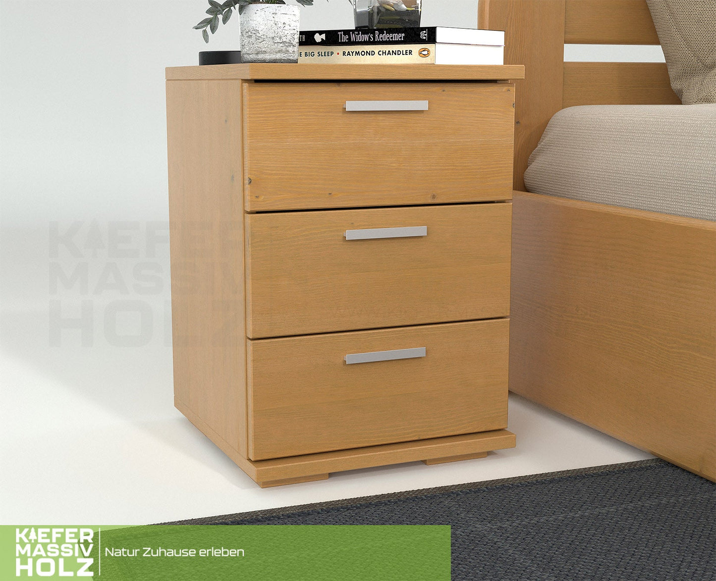 Nobis Kiefer Massivholz Nachttisch Nachtschrank | 3-Schubladen | 100% Bio Kiefer