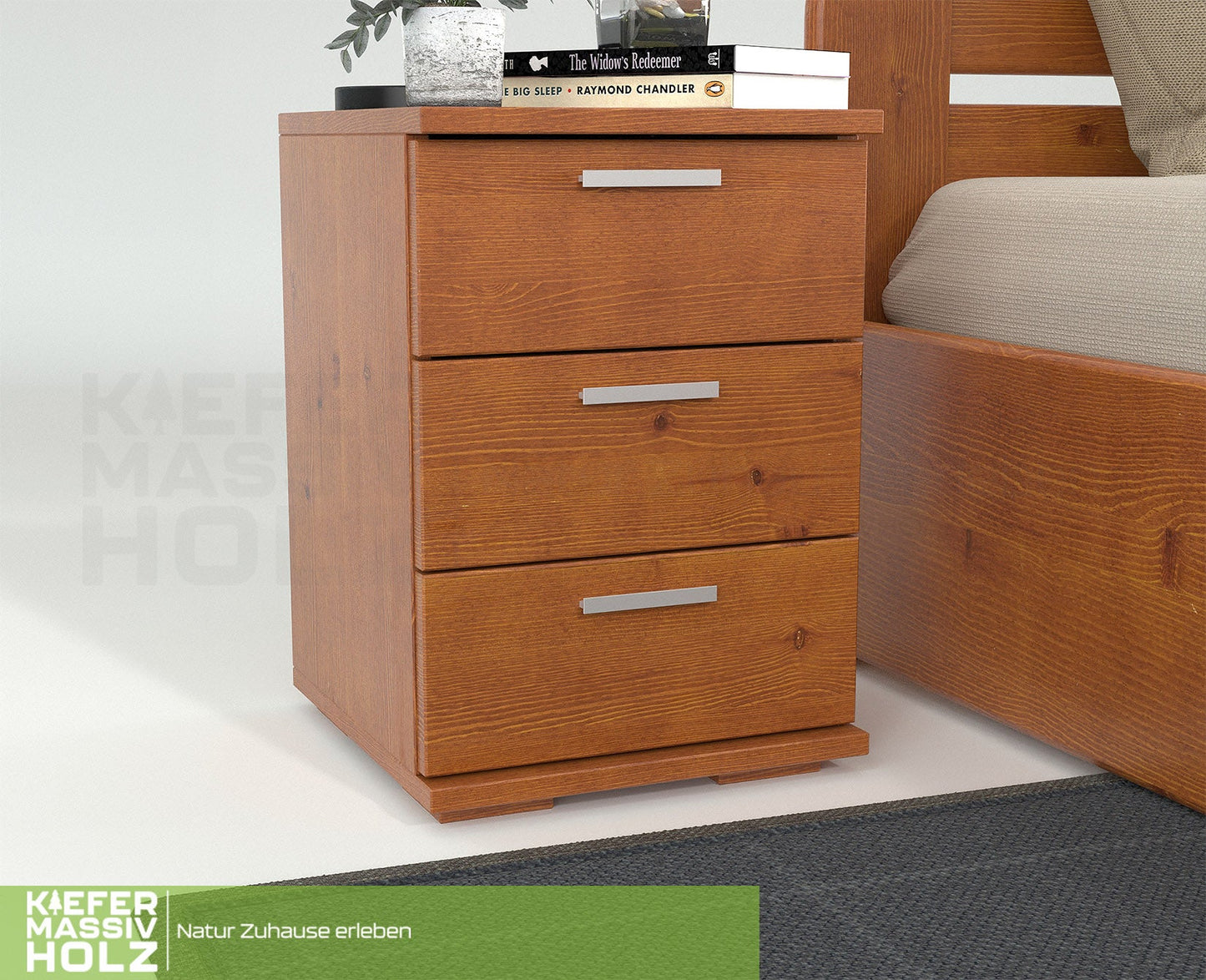 Nobis Kiefer Massivholz Nachttisch Nachtschrank | 3-Schubladen | 100% Bio Kiefer