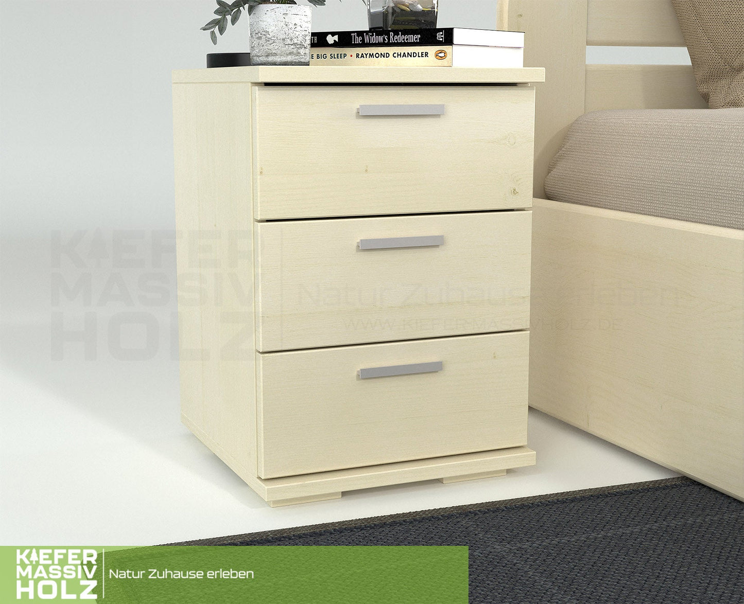 Nobis Kiefer Massivholz Nachttisch Nachtschrank | 3-Schubladen | 100% Bio Kiefer