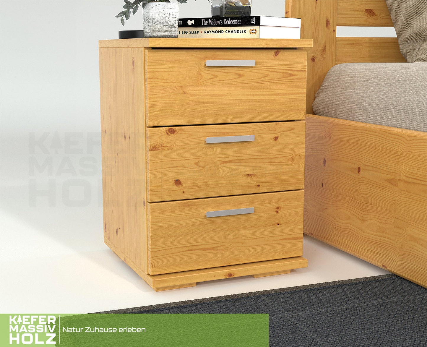 Nobis Kiefer Massivholz Nachttisch Nachtschrank | 3-Schubladen | 100% Bio Kiefer