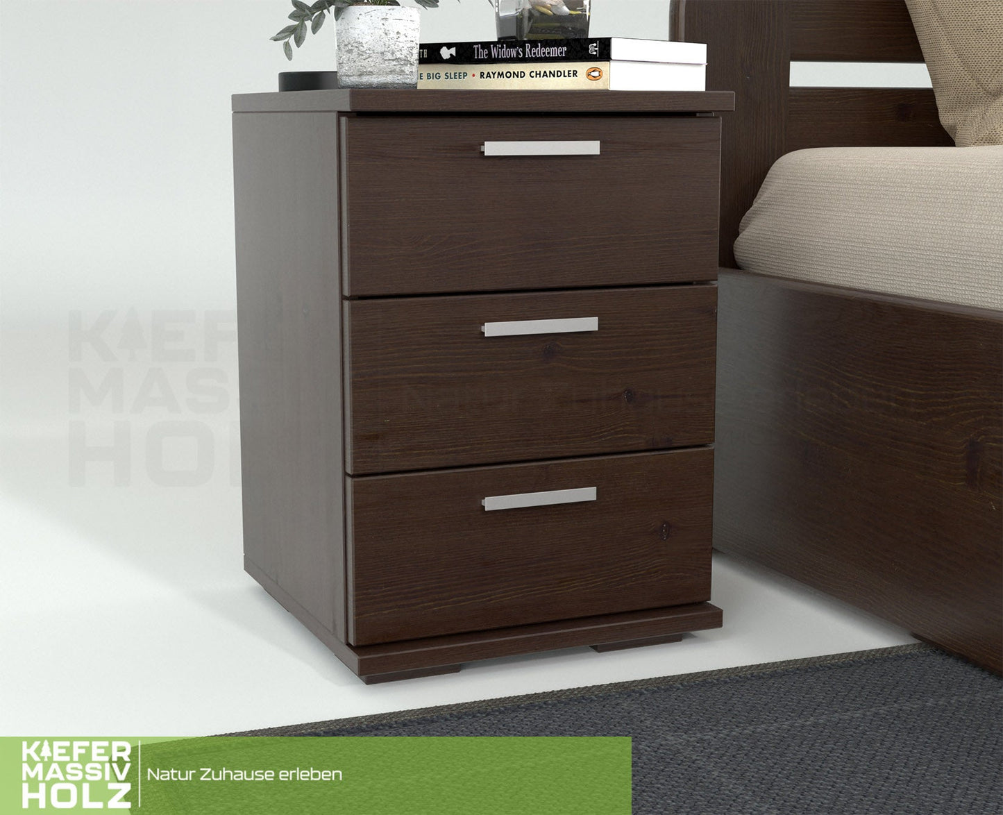 Nobis Kiefer Massivholz Nachttisch Nachtschrank | 3-Schubladen | 100% Bio Kiefer