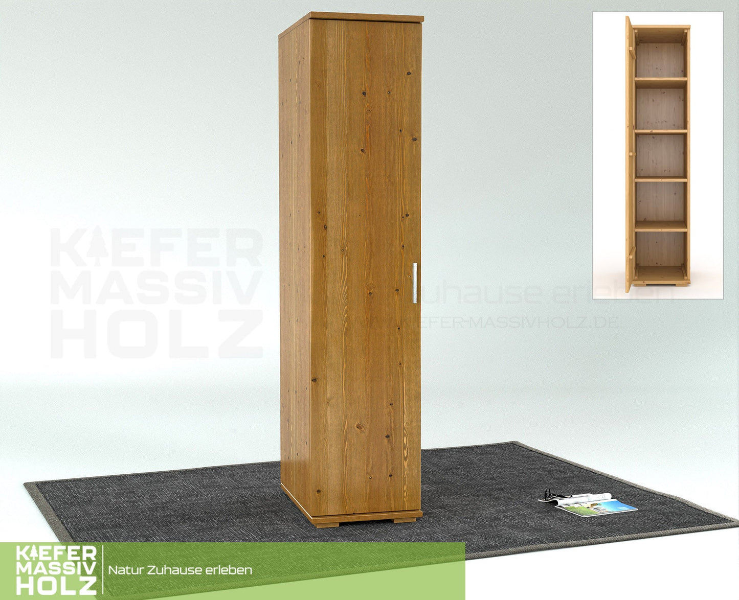 Nobis Kleiderschrank | 42 cm Tiefe 1-Türig mit Regale | 100% Bio Kiefer Massivholz