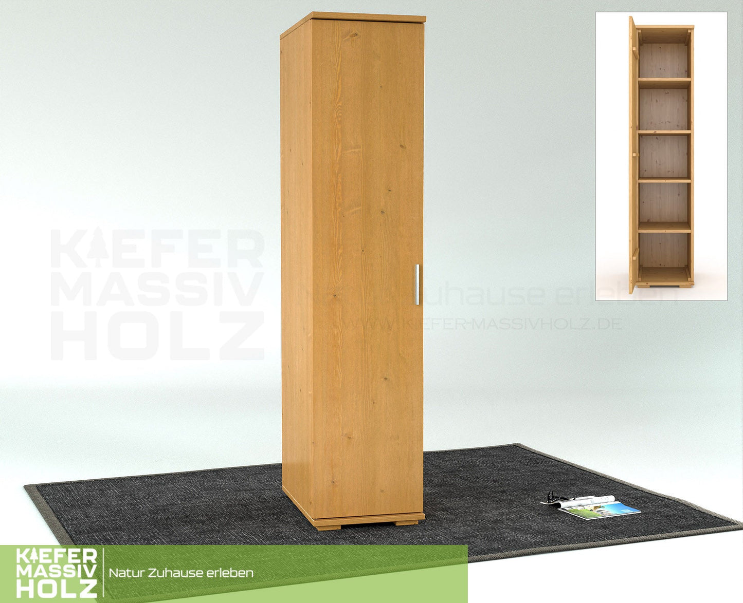 Nobis Kleiderschrank | 59 cm Tiefe 1-Türig mit Regale | 100% Bio Kiefer Massivholz