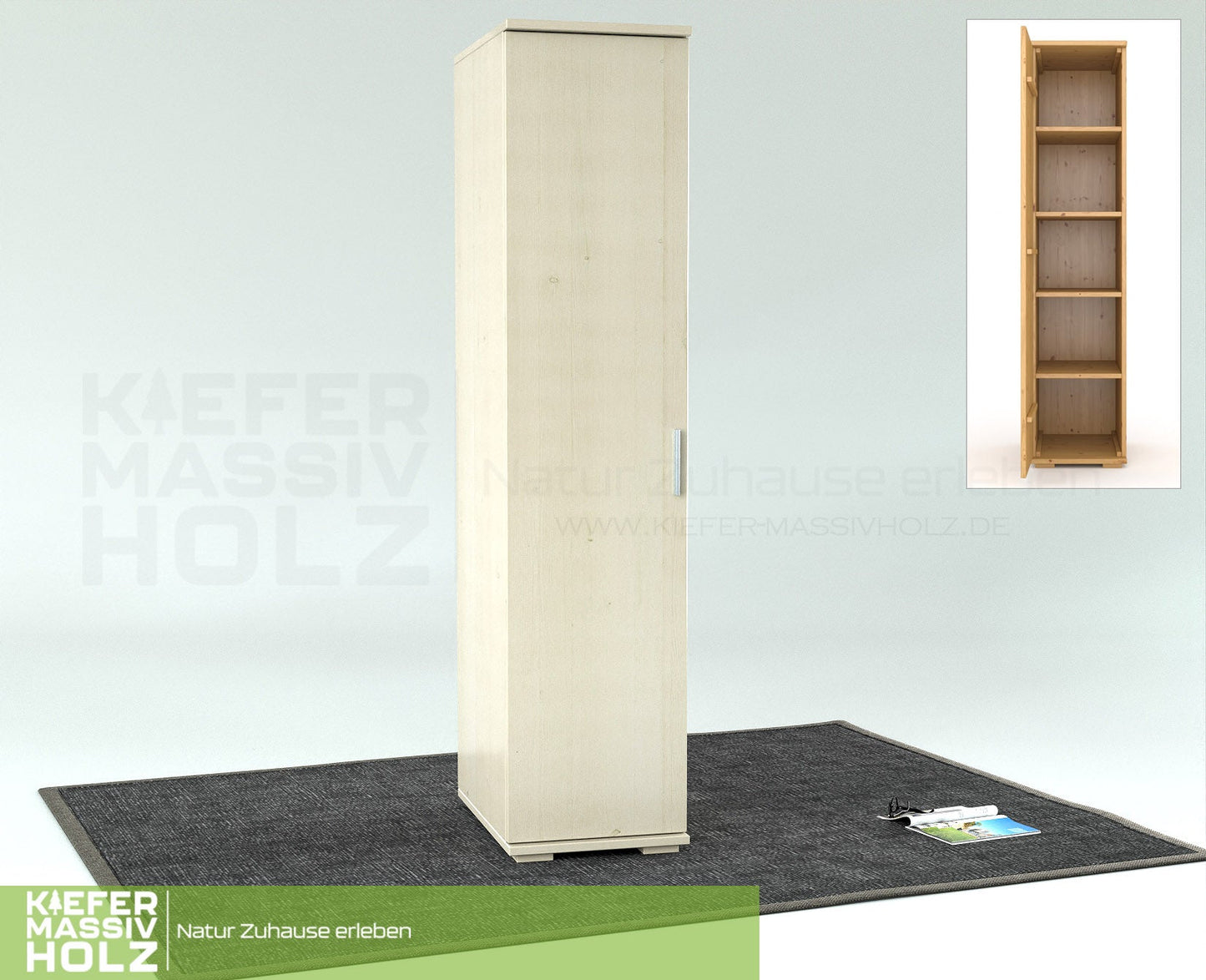 Nobis Kleiderschrank | 42 cm Tiefe 1-Türig mit Regale | 100% Bio Kiefer Massivholz