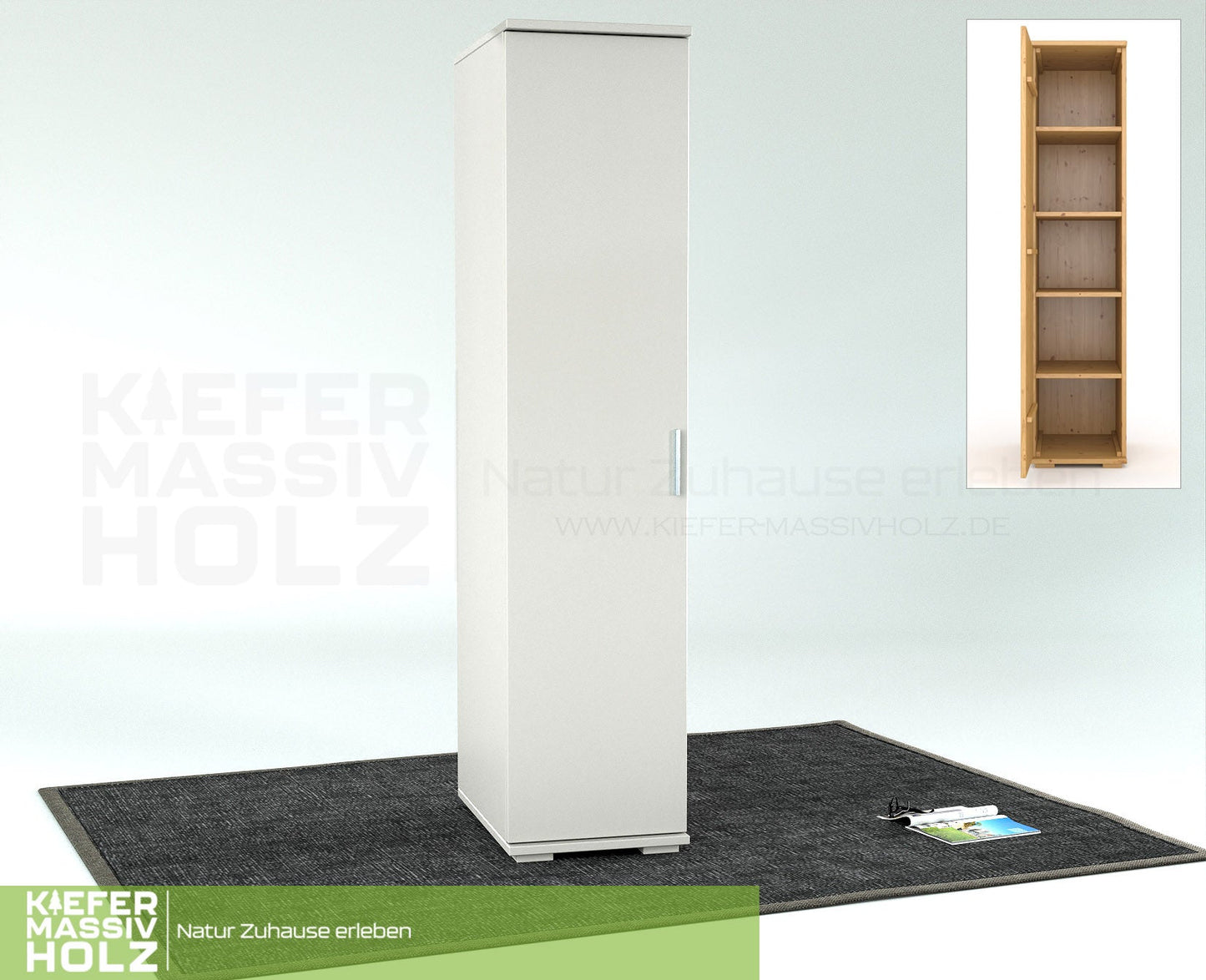 Nobis Kleiderschrank | 42 cm Tiefe 1-Türig mit Regale | 100% Bio Kiefer Massivholz