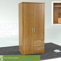 Nobis Kleiderschrank | 2-Türig mit Kleiderstange | 3-Schubladen | 100% Bio Kiefer Massivholz