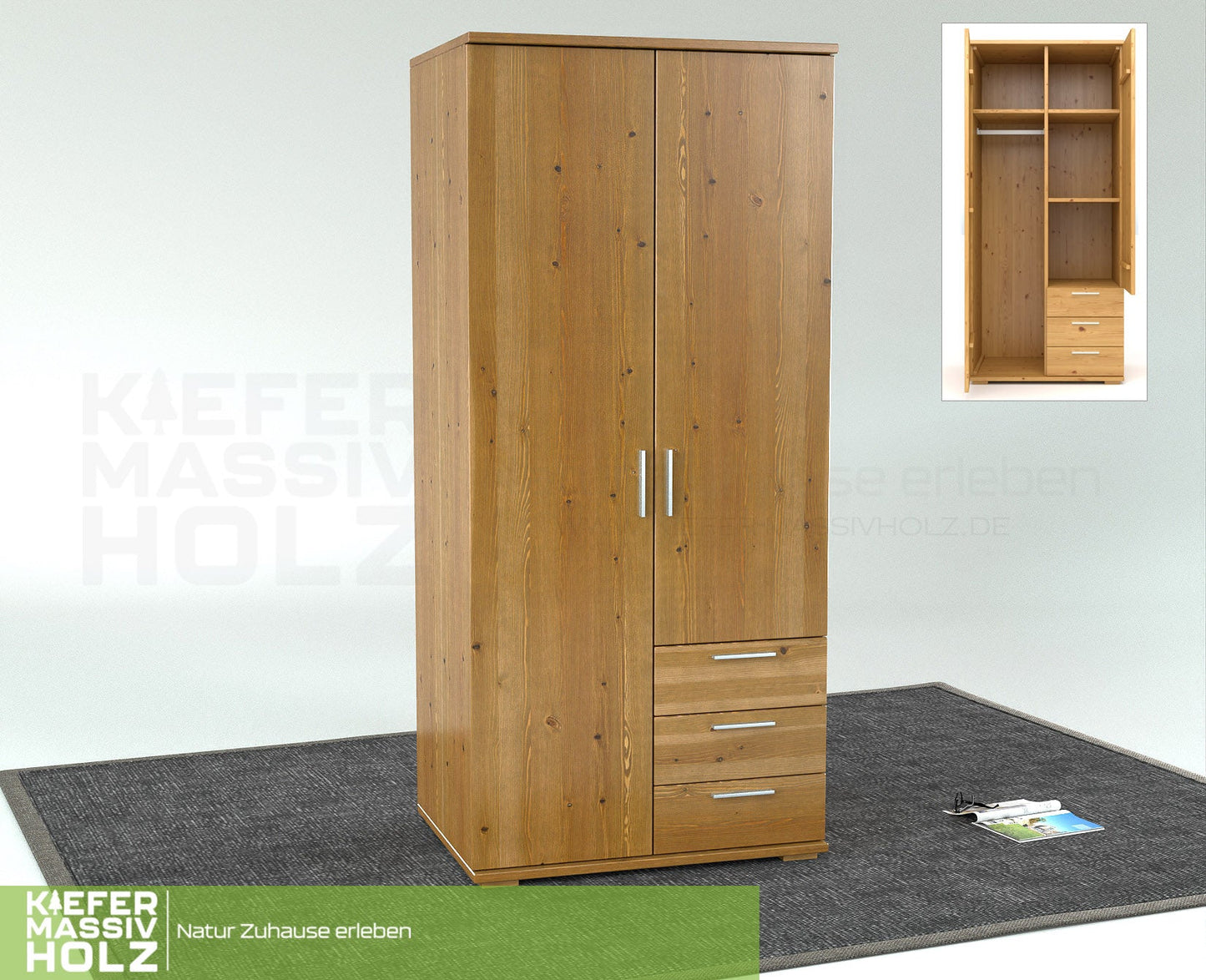 Nobis Kleiderschrank | 2-Türig mit Kleiderstange | 3-Schubladen | 100% Bio Kiefer Massivholz