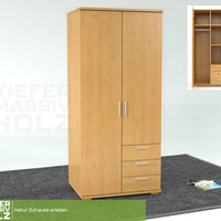 Nobis Kleiderschrank | 2-Türig mit Kleiderstange | 3-Schubladen | 100% Bio Kiefer Massivholz