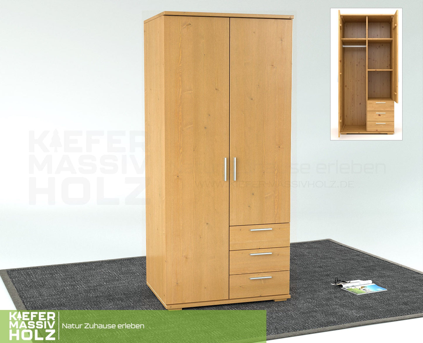 Nobis Kleiderschrank | 2-Türig mit Kleiderstange | 3-Schubladen | 100% Bio Kiefer Massivholz